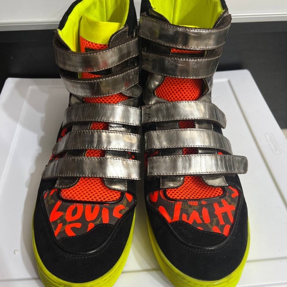 LOUIS VUITTON Stephen Spouse Graffiti Orange High-Top Sneakers US size 10 - Picture 7 of 12